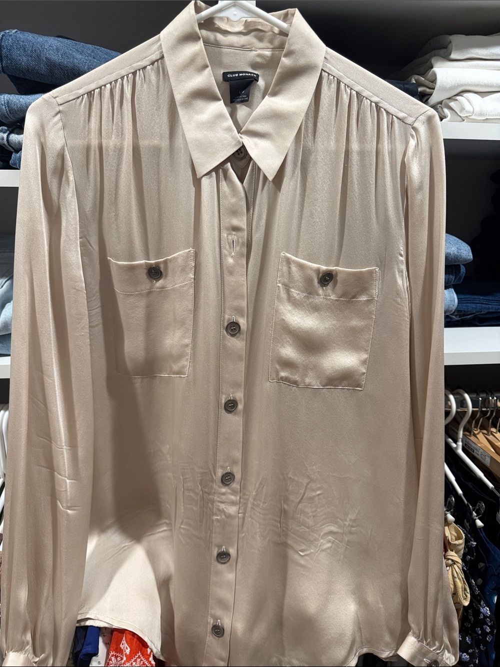 Club Monaco Beige Satin Button-Front Shirt 100% silk